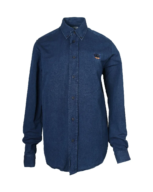Exclusive Weekend Offers Inside Kenzo Button Front Long Sleeve Shirt in Blue Cotton Denim