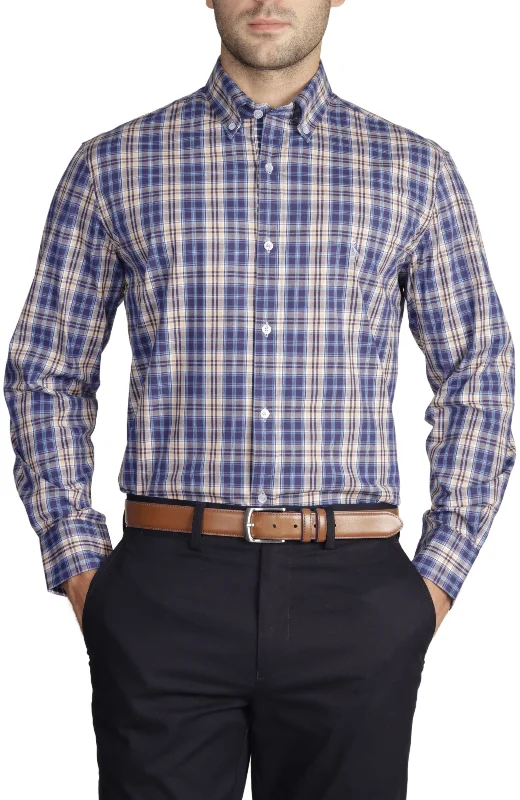 Khaki Check Cotton Stretch Long Sleeve Shirt