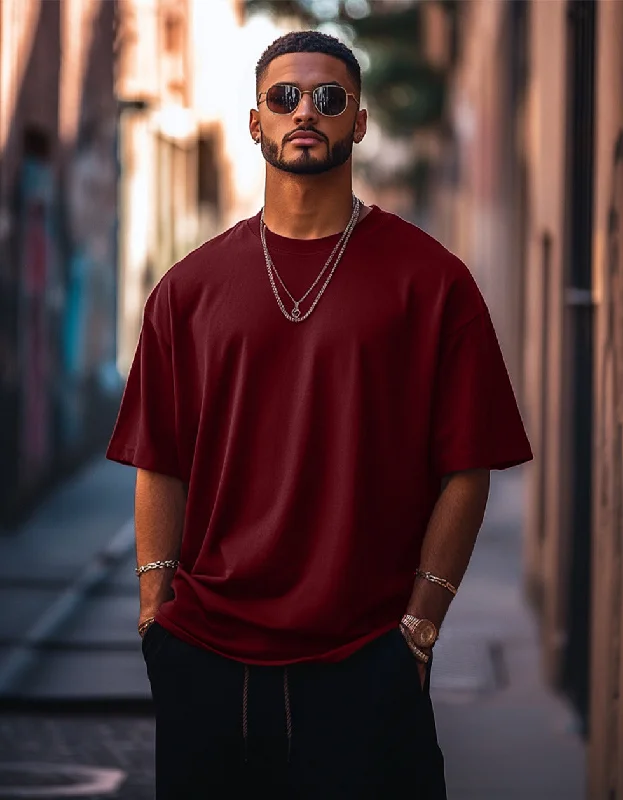 Hurry Up Maroon Plain Oversized T-shirt