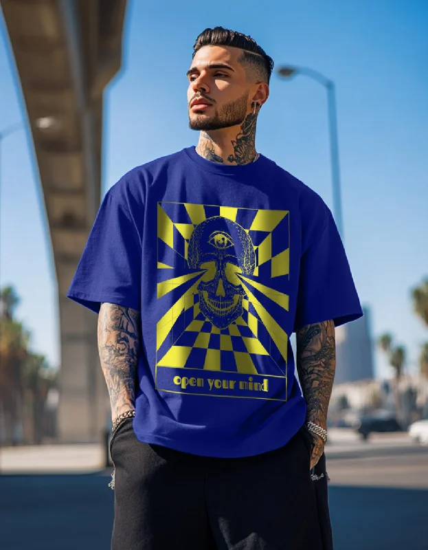 Instant Discount Mind-Open Blue Oversized Graphic Front Printed Tshirt