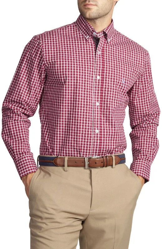 Merlot Mini Windowpane Cotton Stretch Long Sleeve Shirt