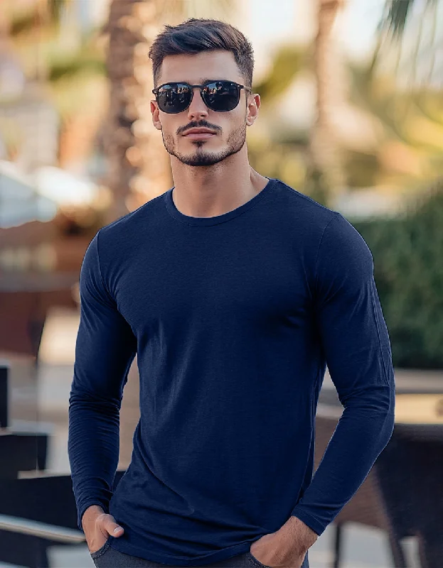 Mega Discount Navy Blue Plain Full Sleeves Regular Fit T-shirt