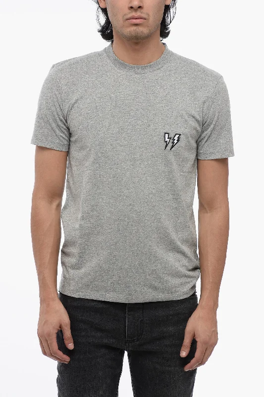 Neil Barrett Crew Neck DOUBLE BOLT Cotton T-Shirt with Embroidery