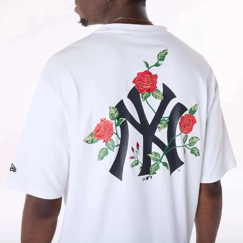 New York Yankees MLB Floral Rose Graphic White Oversized T-Shirt