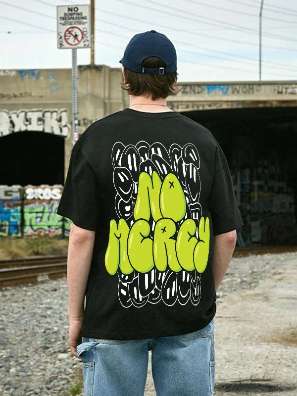 Price Drop NO MERCY Black Back Oversized Typographic Printed Tshirt