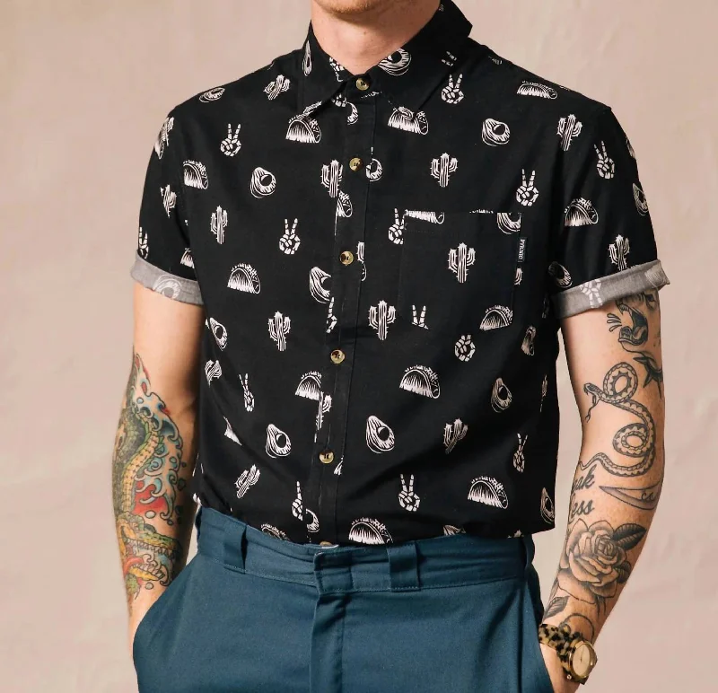 No Problemo Cactus Tacos Casual Button Down Shirt In Black