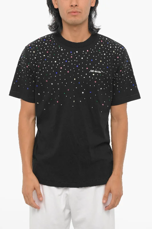 Off-White Crewneck T-Shirt Embellished with Rhinestones