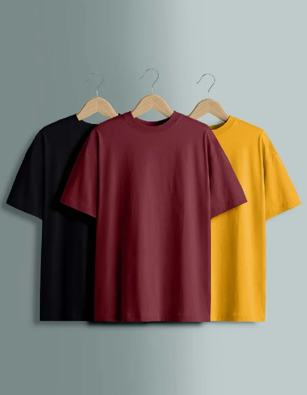 Savings Event Pack of 3 Plain Oversized T-shirts: Black & Mustard & Maroon