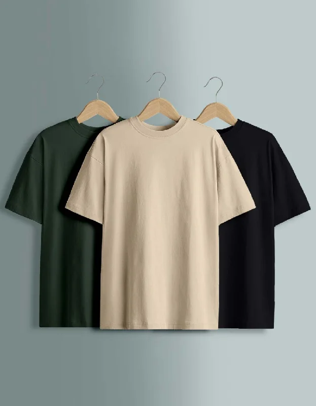 Year-End Deals Pack of 3 Plain Oversized T-shirts: Black & Swanwhite & Olive