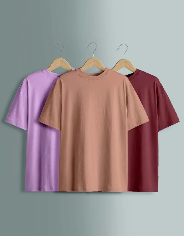 Value Pack Pack of 3 Oversized Tees: Cork & Maroon & Lilac