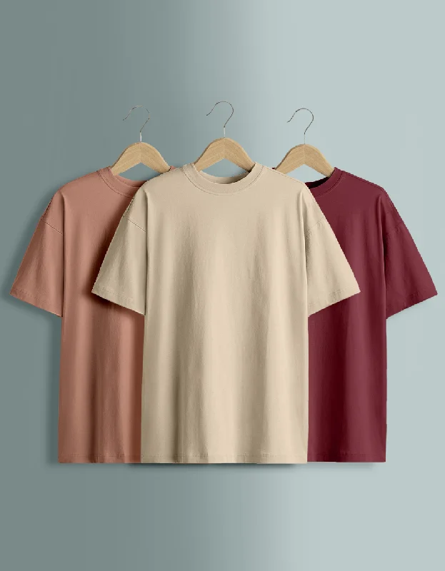Limited Offer Pack of 3 Plain Oversized T-shirts: Maroon & Cork & Swanwhite