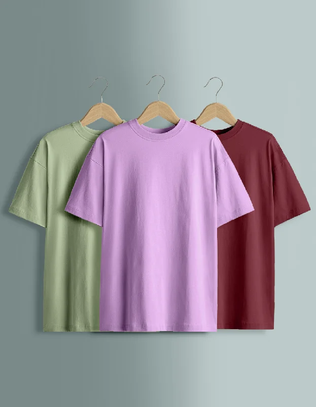 Final Offer Pack of 3 Plain Oversized T-shirts: Maroon & Foggreen & Lilac