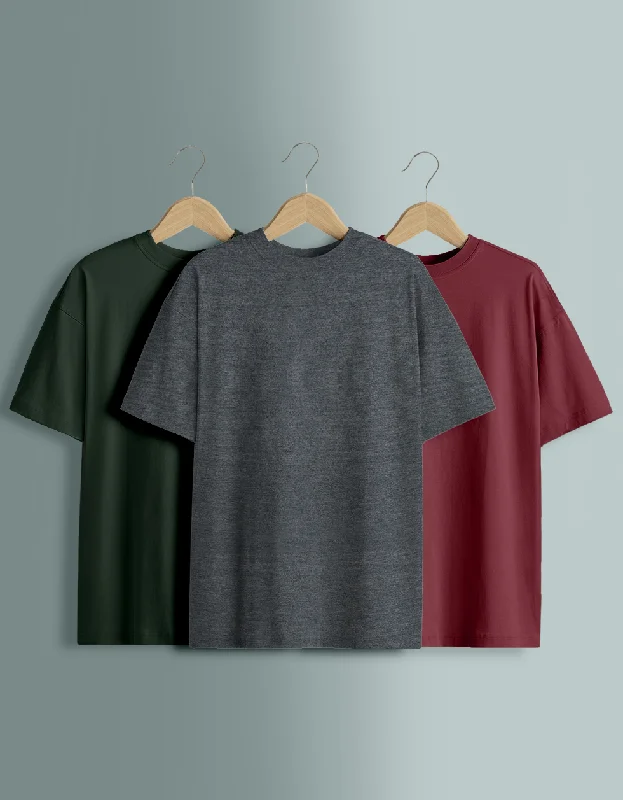 Weekend Special Pack of 3 Plain Oversized T-shirts: Maroon & Olive & Anthra