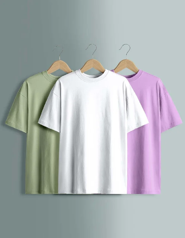 Can't Beat Pack of 3 Plain Oversized T-shirts: White ,Foggreen ,Lilac