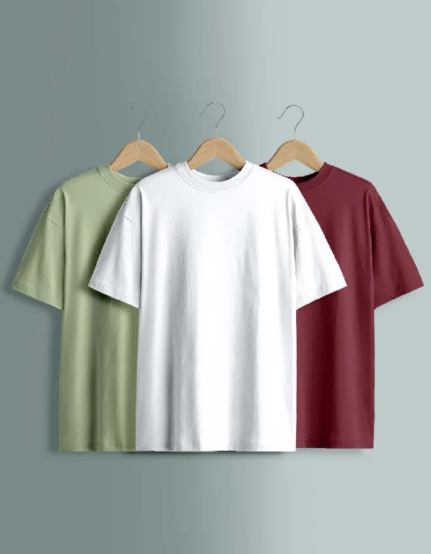 Best Seller Pack of 3 Plain Oversized T-shirts: White, Maroon , Foggreen