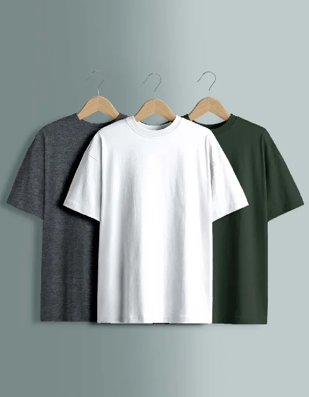 While Supplies Last Pack of 3 Plain Oversized T-shirts: White, Olive, Anthra