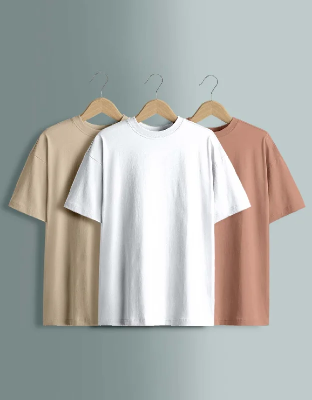 Exclusive Deal Pack of 3 Plain Oversized T-shirts: White, Swan White, Cork
