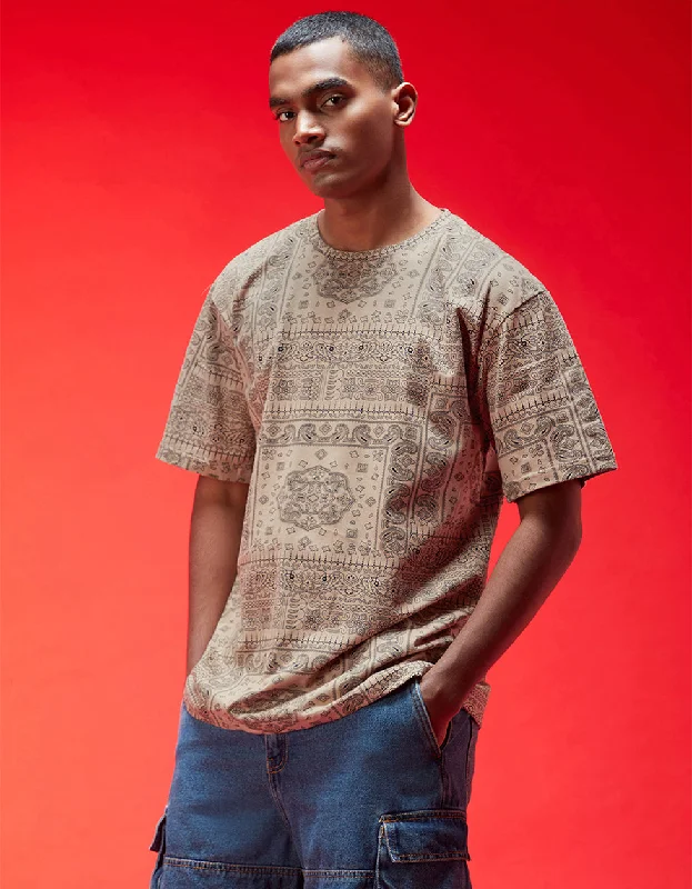 Act Fast Paisley Beige Oversized All Over Printed Tshirt