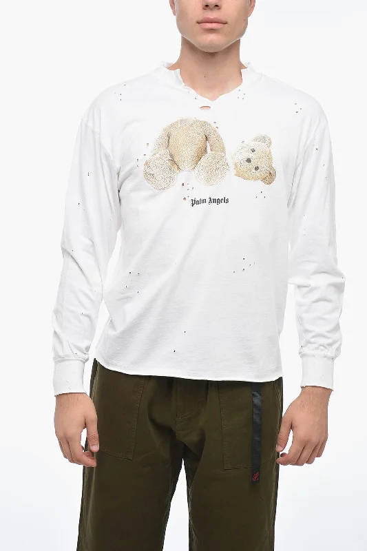 Palm Angels Crew Neck BEAR Distressed Cotton T-Shirt