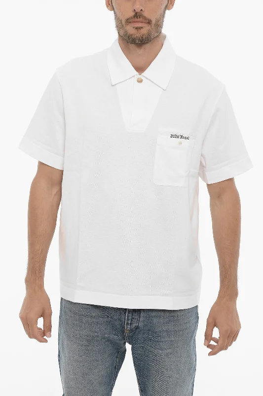 Palm Angels Piquet Cotton One Button Polo Shirt with Breat Pocket