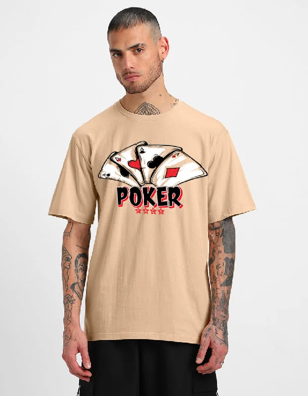 Seasonal Clearance POKER Beige Oversized Front Graphic Printed Tshirt