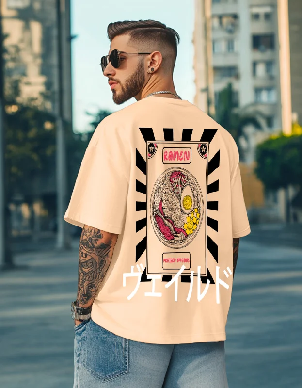 Steals and Deals RAMEN Beige Oversized Back Graphic Printed Tshirt