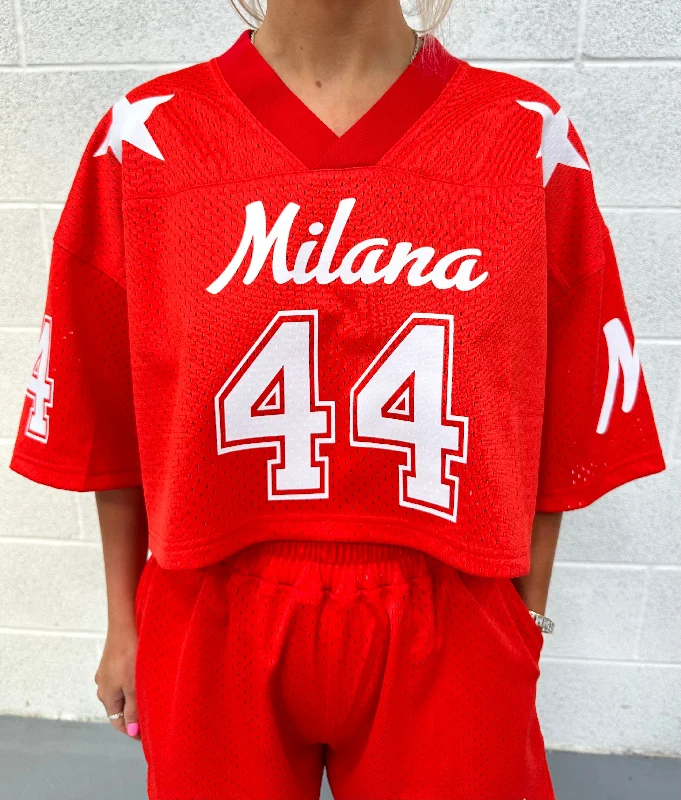 Red Mesh Cropped Jersey.