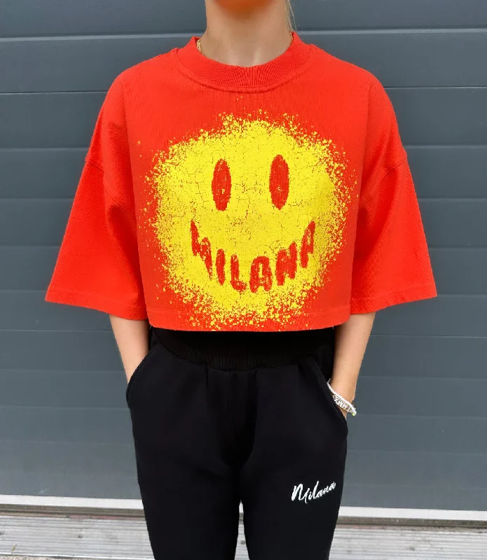 Red Splatter Smiley Cropped Heavyweight T-shirt.