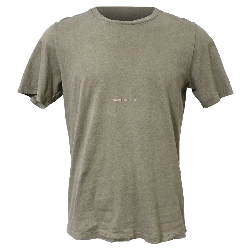 Saint Laurent Logo-Print Distressed-Effect T-shirt in Khaki Cotton