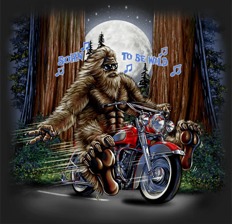 Blowout Sale Adult Sassy Biker T-Shirt (Sasquatch  on motorcycle)