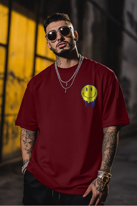 Buy More, Save More Smile Maroon Oversized Pocket Back Graphic Printed Tshirt