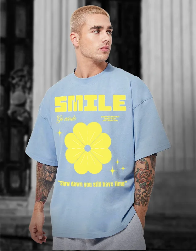 Can't Miss Smile Blue Oversized Chest Graphic Printed Tshirt