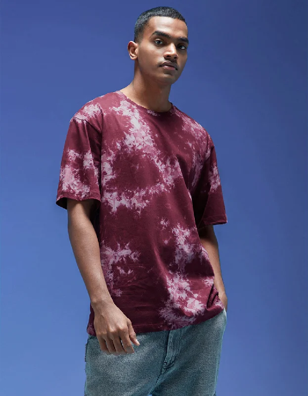 Exclusive Savings Smoke Maroon Oversized Tie-Die Printed T-shirt