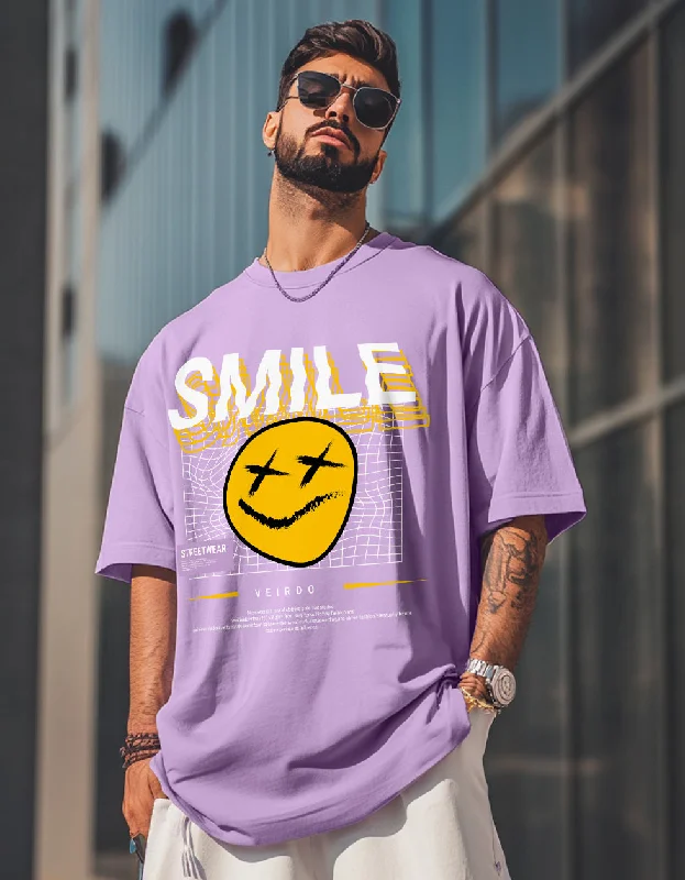 Weekend Offers That Thrill Smile Lilac Oversized Chest Graphic Printed Tshirt