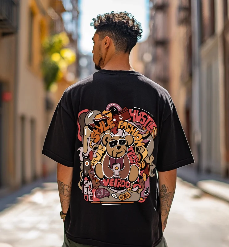 Weekend Deals That Thrill Teddy Black Oversized Back Graphic Printed Tshirt