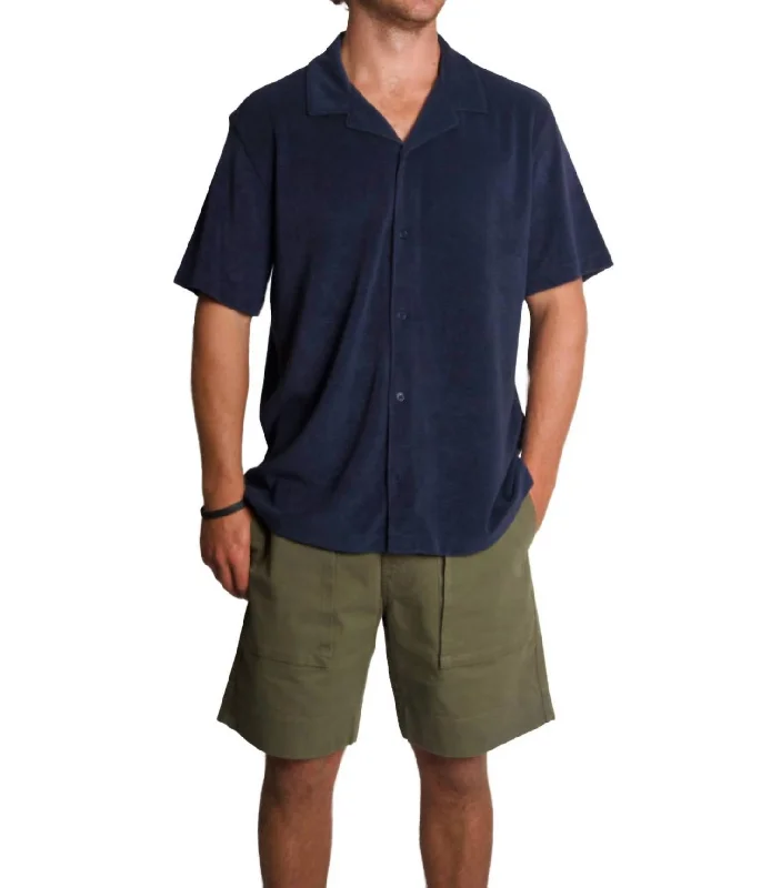 Terry Cabana Short Sleeve Button Down Shirt In Navy