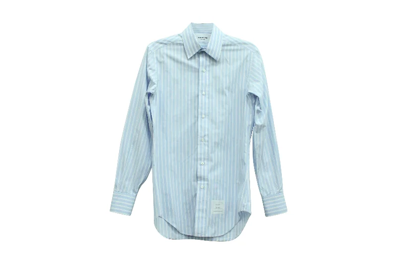 Final Markdown Thom Browne Stripe Long Sleeve Button Down Shirt in Blue Cotton
