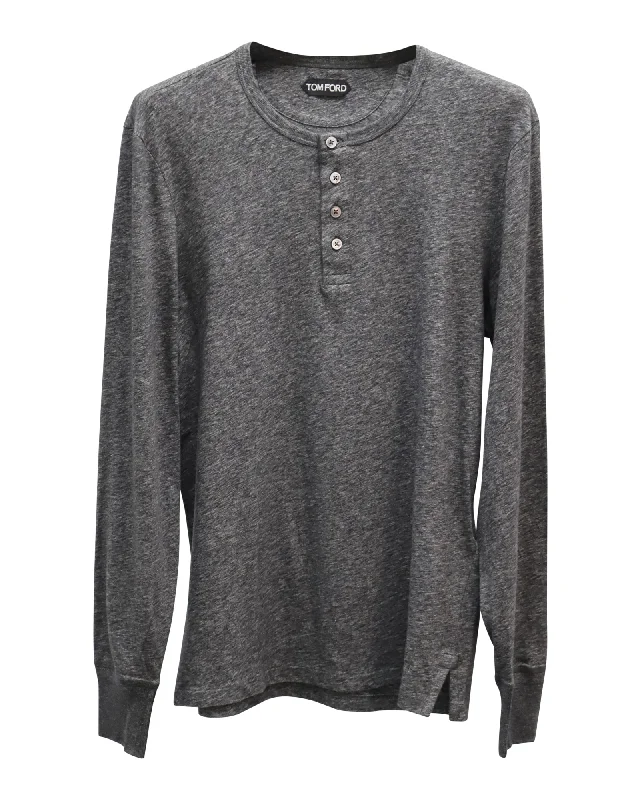 Tom Ford Buttoned-Up Long Sleeve T-Shirt in Grey Cotton