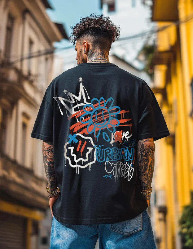 Year-End Clearance URBANSTART Black Oversized Back Graphic Printed Tshirt