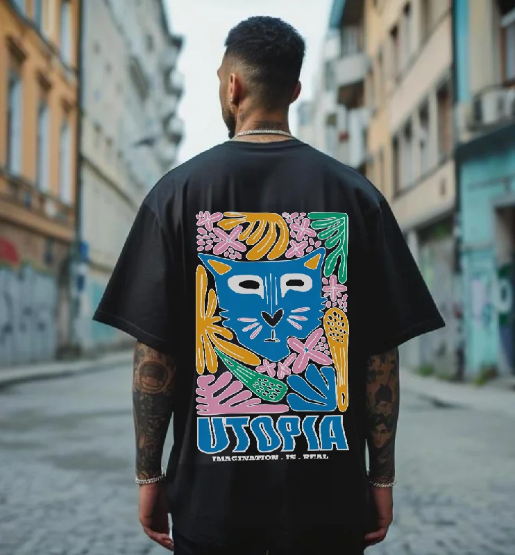 Instant Discount UTOPIA Black Oversized Graphic Back Printed Tshirt
