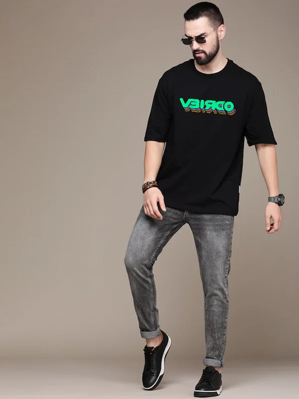 Exclusive Preview VEIRDO Black Oversized Front Graphic Printed Tshirt