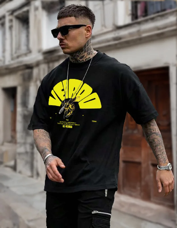 Buy Now Veirdo Black Oversized Chest Graphic Printed Tshirt