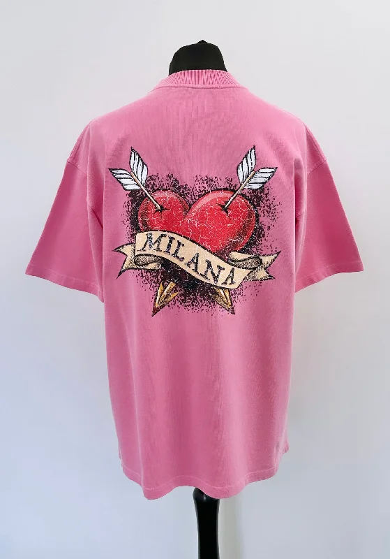 Washed Pink Heart Script Heavyweight T-shirt.