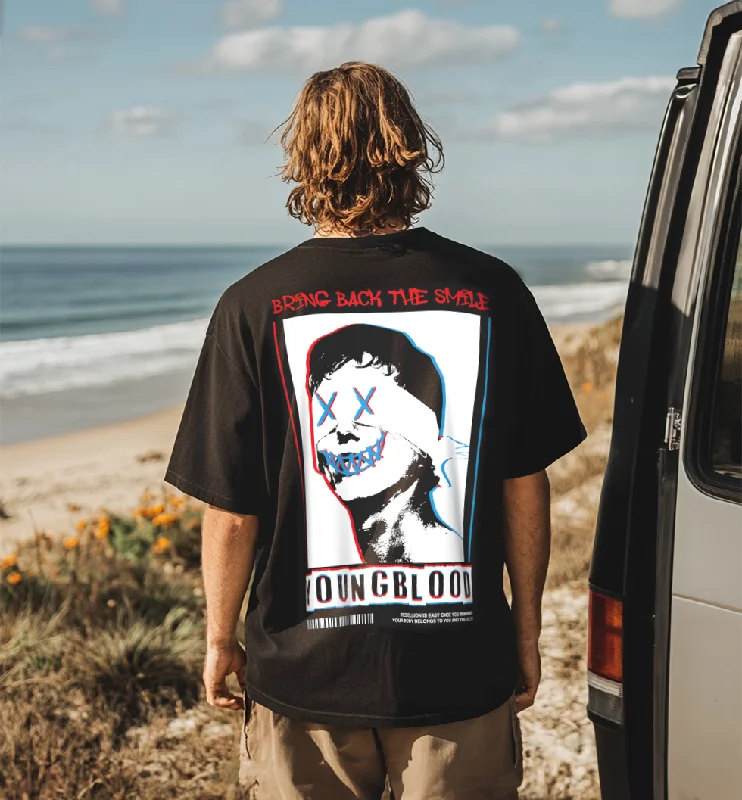 Daily Deals YOUNG BLOOD Printed Black Oversized Back Graphic Printed Tshirt