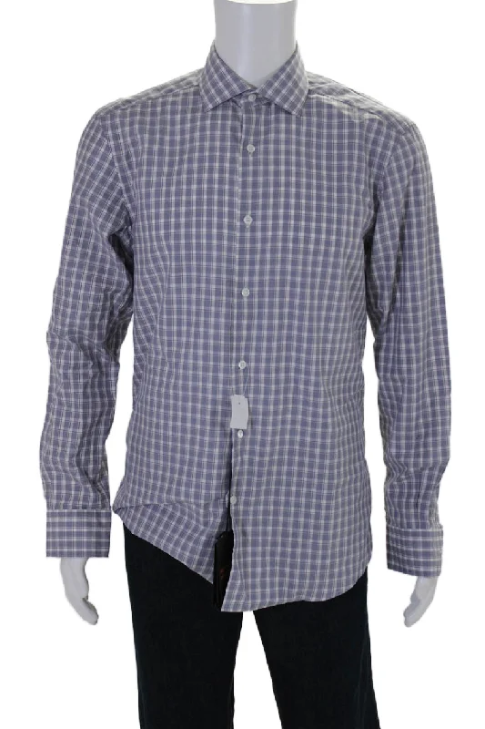 Savings Bonanza Zegna Mens Cotton Blue Plaid Collar Long Sleeve Button Down Dress Shirt