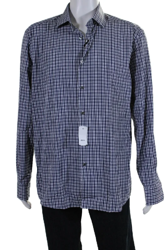 Factory Direct Sale Zegna Mens Cotton Plaid Collared Long Sleeve Button Up Shirt Navy